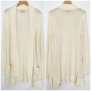 Loft Open Front Cardigan Longline Patch Pockets Size Medium Cream Off White